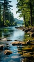 verschwommen Fluss mit Felsen und Bäume im Vordergrund foto