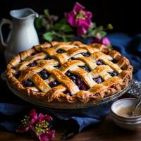 Blaubeere Kuchen mit Gitter Kruste, ein Sommer behandeln im Winter foto