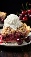 Kirsche Kuchen mit Krume Belag Sprengung mit saftig Obst foto