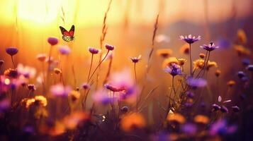 Sommer- Wiese mit Gänseblümchen und Schmetterling. Natur Hintergrund. foto