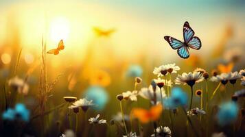 Sommer- Wiese mit Gänseblümchen und Schmetterling. Natur Hintergrund. foto