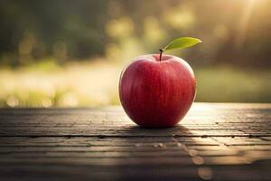 ein Apfel sitzt auf ein hölzern Tabelle im Vorderseite von ein Feld. KI-generiert foto