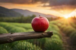 ein rot Apfel auf ein Ast im ein Feld. KI-generiert foto