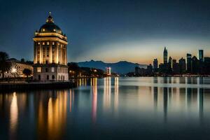 das Stadt Horizont ist reflektiert im das Wasser beim Nacht. KI-generiert foto