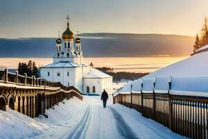 ein Person Gehen Nieder ein schneebedeckt Straße im Vorderseite von ein Kirche. KI-generiert foto