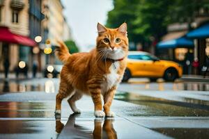 ein Orange Katze Gehen auf ein nass Straße. KI-generiert foto