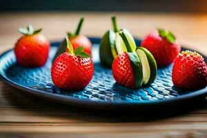 Erdbeeren und Gurken auf ein Blau Platte. KI-generiert foto