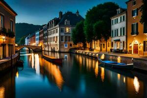 ein Kanal im das Mitte von ein Stadt beim Nacht. KI-generiert foto