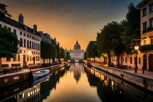 ein Kanal im das Stadt beim Sonnenuntergang. KI-generiert foto