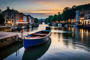 ein Boot sitzt auf das Wasser im ein Kanal beim Sonnenuntergang. KI-generiert foto