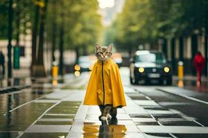 ein Katze im ein Gelb Regenjacke Gehen Nieder ein Straße. KI-generiert foto