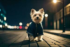 ein klein Weiß Hund im ein Jacke Stehen auf ein Backstein Straße beim Nacht. KI-generiert foto