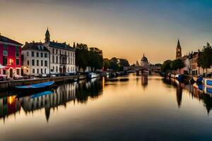 ein Kanal im das Mitte von ein Stadt beim Sonnenuntergang. KI-generiert foto