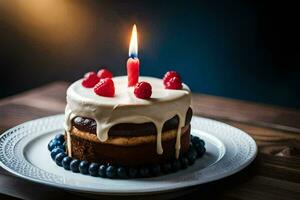 ein Geburtstag Kuchen mit ein Single Kerze auf oben. KI-generiert foto