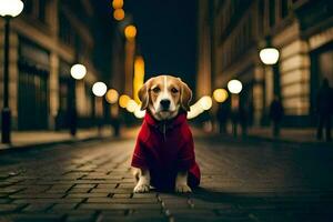 ein Hund tragen ein rot Mantel sitzt auf das Straße beim Nacht. KI-generiert foto