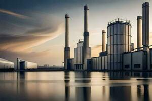 ein Fabrik mit Rauch Stapel und Wasser. KI-generiert foto