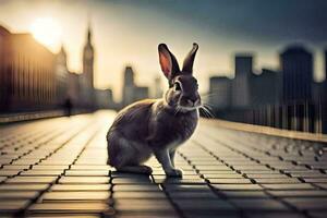 ein Hase ist Sitzung auf ein Backstein Gehweg im Vorderseite von ein Stadt Horizont. KI-generiert foto