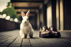 ein Hase Sitzung Nächster zu ein Paar von Schuhe. KI-generiert foto