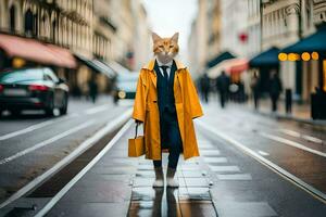 ein Katze tragen ein Gelb Mantel und halten ein Tasche. KI-generiert foto