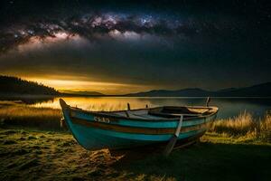 ein Boot sitzt auf das Ufer unter das Sterne. KI-generiert foto