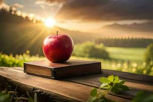 Apfel auf ein Buch. KI-generiert foto