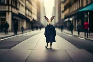 ein Hase im ein Mantel Stehen im das Mitte von ein Stadt Straße. KI-generiert foto