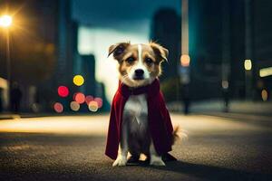 ein Hund gekleidet wie ein Superheld im das Stadt. KI-generiert foto