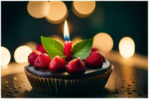 ein Schokolade Cupcake mit ein Kerze auf oben. KI-generiert foto