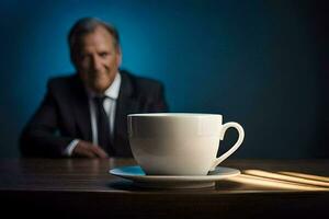 ein Mann im ein passen sitzt im Vorderseite von ein Kaffee Tasse. KI-generiert foto