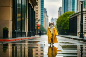 ein Katze im ein Gelb Regenjacke Gehen Nieder ein Straße. KI-generiert foto