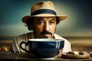 ein Mann im ein Hut und Stroh Hut sitzt im Vorderseite von ein Tasse von Kaffee. KI-generiert foto