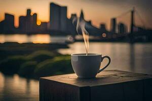 ein Tasse von Kaffee auf ein hölzern Tabelle im Vorderseite von ein Stadt Horizont. KI-generiert foto