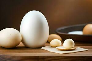 Weiß Eier auf ein hölzern Tisch. KI-generiert foto