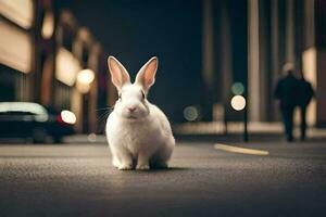 ein Weiß Hase ist Sitzung auf das Straße beim Nacht. KI-generiert foto