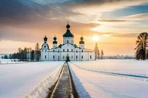 ein Kirche im das Schnee mit ein Straße führen zu Es. KI-generiert foto