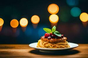 ein Teller von Pasta mit Beeren und Tomate Soße auf ein hölzern Tisch. KI-generiert foto
