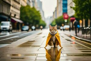 ein Katze tragen ein Gelb Regenjacke auf ein Stadt Straße. KI-generiert foto