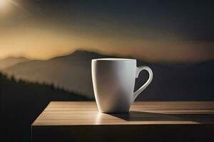Kaffee Tasse auf ein Tabelle im Vorderseite von Berge. KI-generiert foto