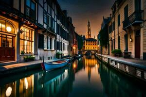 ein Boot ist angedockt im ein Kanal beim Nacht. KI-generiert foto