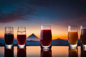 fünf Brille von Saft auf ein Tabelle mit Berge im das Hintergrund. KI-generiert foto