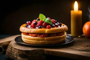 ein Kuchen mit Beeren und ein Kerze auf ein Tisch. KI-generiert foto