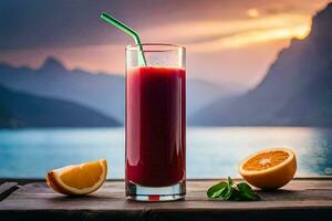 ein Glas von Saft mit Orangen und ein Berg im das Hintergrund. KI-generiert foto