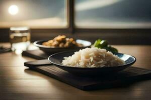 zwei Schalen von Reis sitzen auf ein Tabelle Nächster zu ein Glas von Wasser. KI-generiert foto