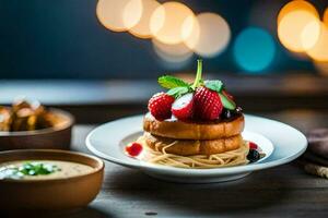 ein Teller von Essen mit Erdbeeren und ein Schüssel von Suppe. KI-generiert foto