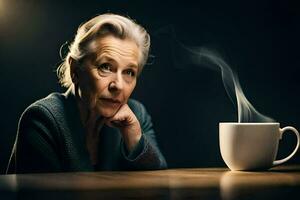 ein älter Frau Sitzung beim ein Tabelle mit ein Tasse von Kaffee. KI-generiert foto