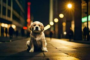 ein Hund Sitzung auf das Straße beim Nacht. KI-generiert foto