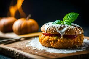 ein Kürbis Burger mit ein Brötchen und Belag auf ein hölzern Tafel. KI-generiert foto