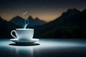 ein Tasse von Kaffee auf ein Tabelle im Vorderseite von ein Berg Bereich. KI-generiert foto