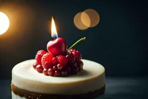 ein klein Kuchen mit Beeren und ein Kerze. KI-generiert foto