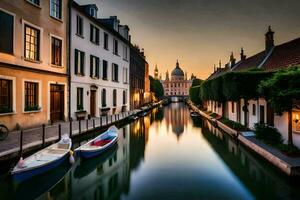 Boote sind angedockt im ein Kanal beim Sonnenuntergang. KI-generiert foto